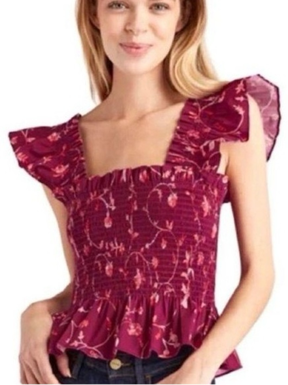 Hill House Top The Paz Burgundy Botanical Floral Smocked Cap Sleeveless
